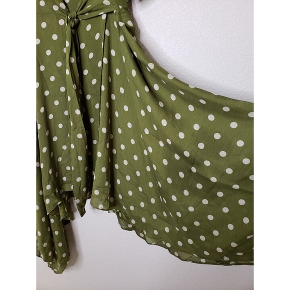Chriselle Lim Dress Sz XL Green with Cream Polka Dot Asymmetrical Hem Belted NWT - Picture 2 of 8
